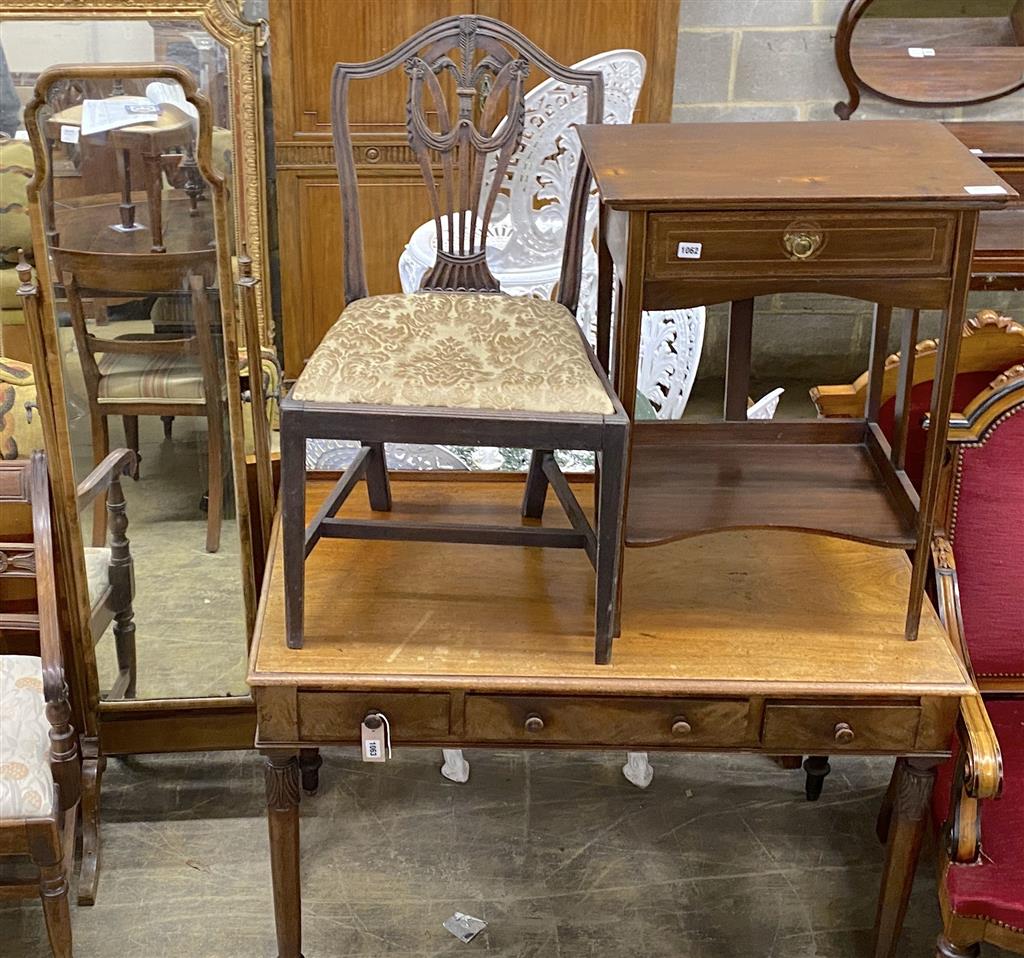 An Edwardian inlaid mahogany desk, width 58cm, depth 37cm, height 77cm together with a Hepplewhite mahogany dining chair and a cheval m